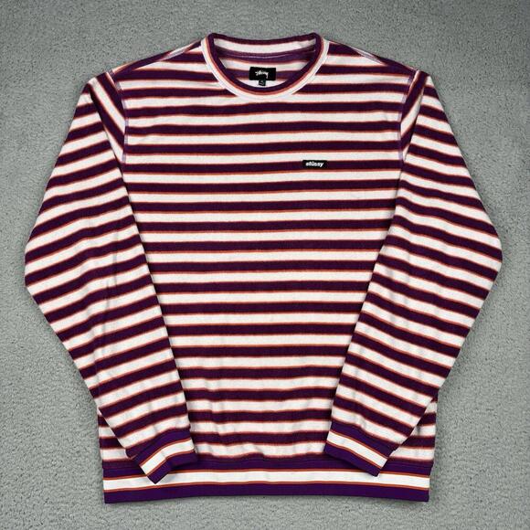 Other - Stussy Polar Fleece Sweatshirt Men’s XL White Purple Berry Stripes Sweater Logo